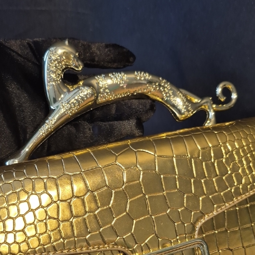Chic Gold Crocodile Embossed Clutch with Gold Leopard Handle - Picture 12 of 17
